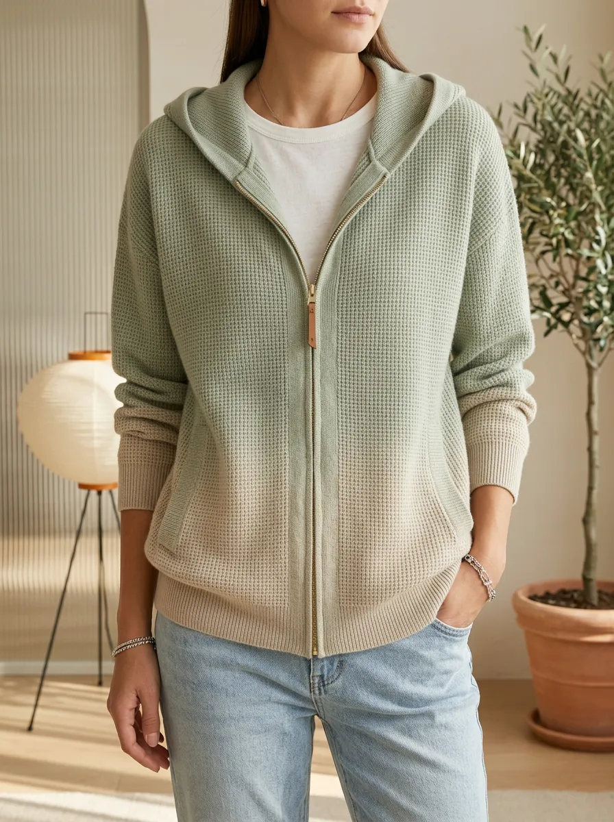 Waffle-Knit Zip-Up Ombre Women's Hooded Knit Cardigan