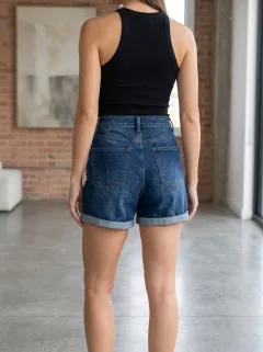 Women's Classic High-Waisted Cuffed Pocket Cargo Denim Shorts