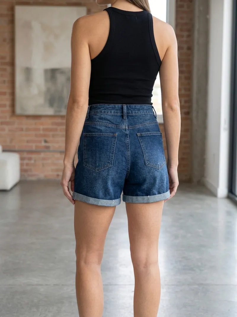 Women's Classic High-Waisted Cuffed Pocket Cargo Denim Shorts
