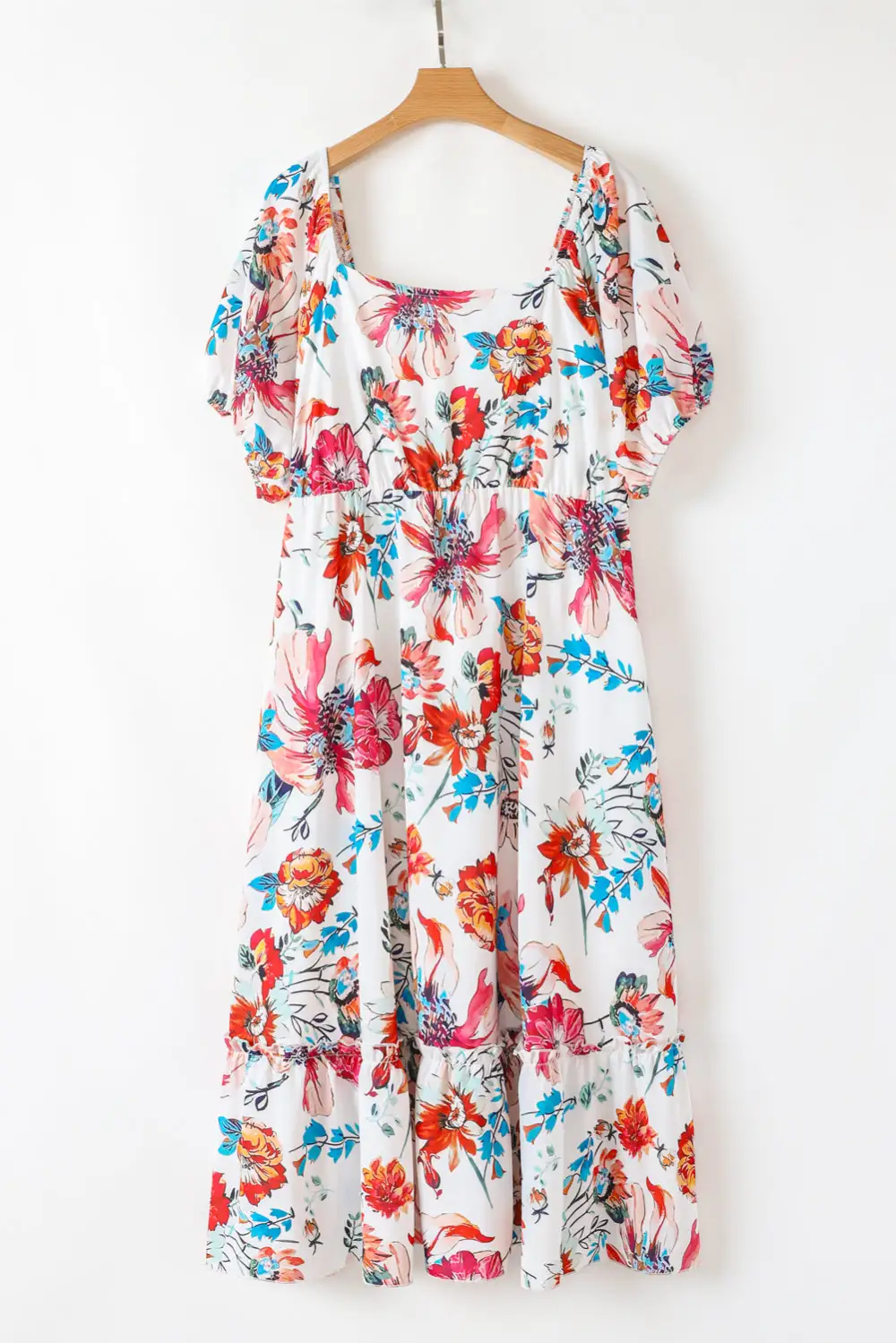 Floral Square Neck Puff Sleeve Midi Dress