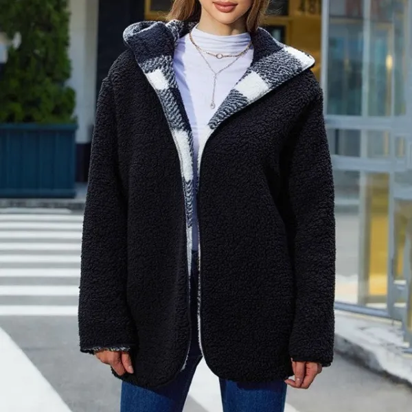 Hooded Plaid Button-Front Fleece Relaxed Cardigan