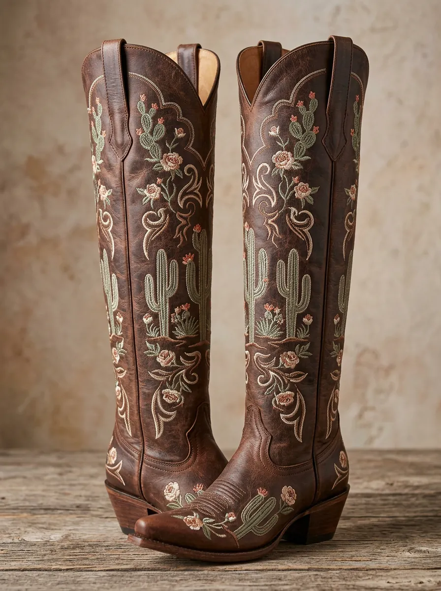Women's Western Cactus Floral Wing Embroidered Block-Heel Stacked-Heel Denim Over-the-Knee Boots