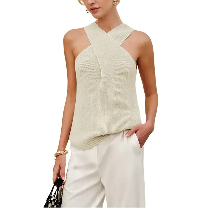 Tanming Women's Halter Cross Over Collar Tank Knit Sleeveless Camisole Top