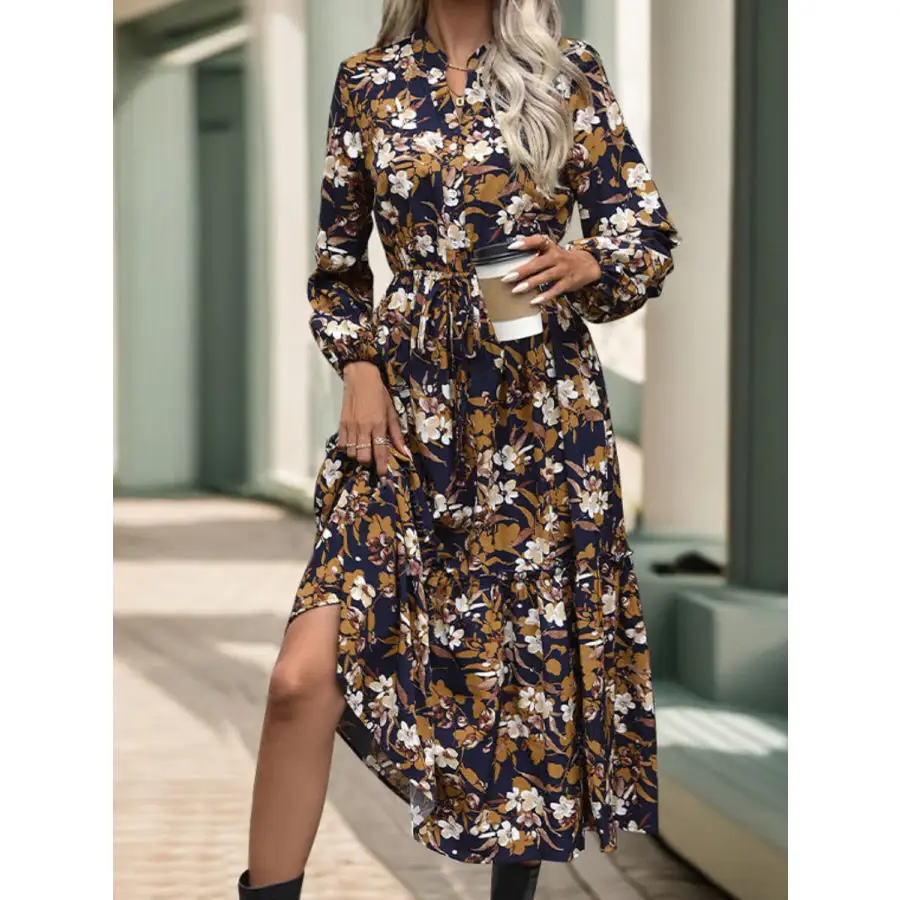 Notched Long Sleeve Midi Dress