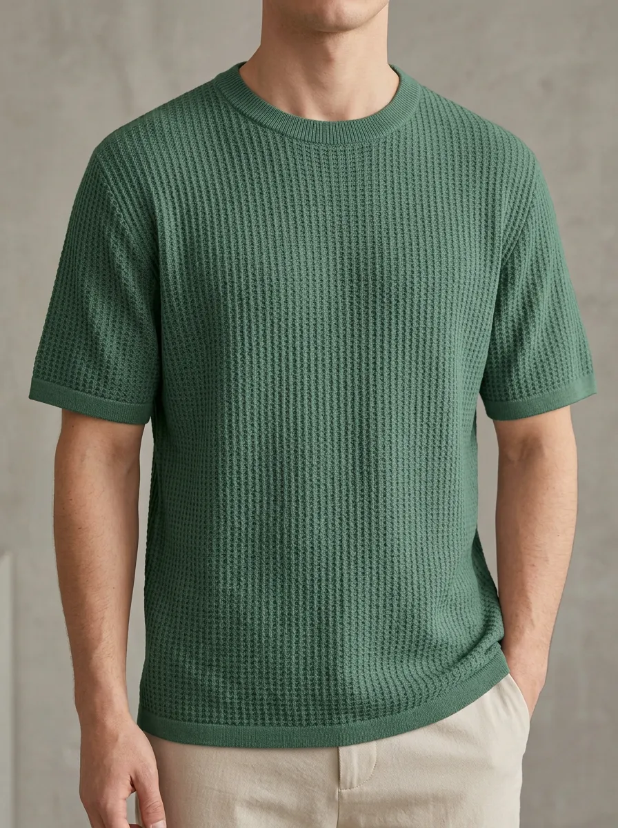 Modern Waffle-Knit Textured-Knit Men's Knit Crew-Neck T-Shirt