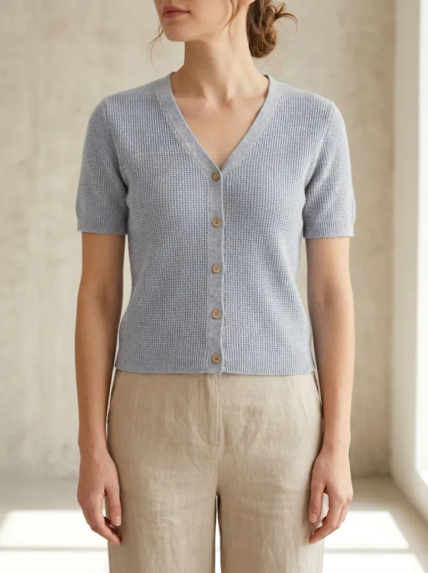 Women's Short-Sleeve Button-Down Waffle Knit T-Shirt