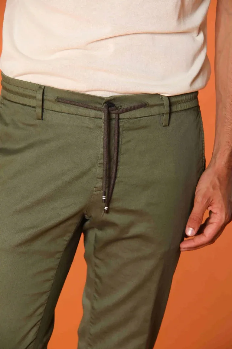 Men'S Green Cotton Twill Elastic Waist Slim Fit Trousers