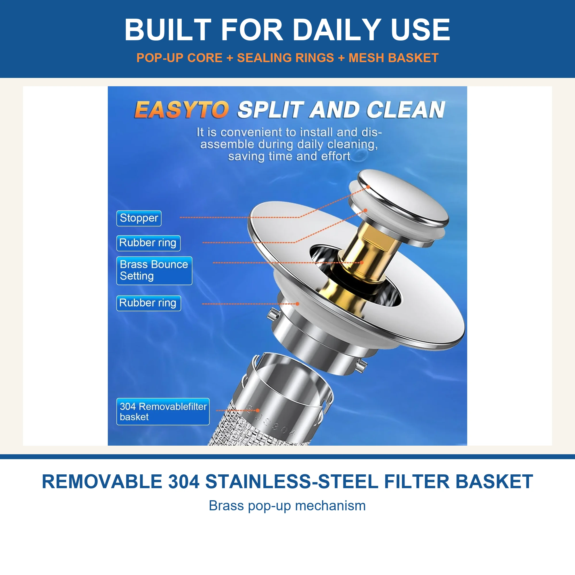 Universal Pop-Up Sink Drain Stopper with Stainless Steel Mesh Basket - Built for Daily Use