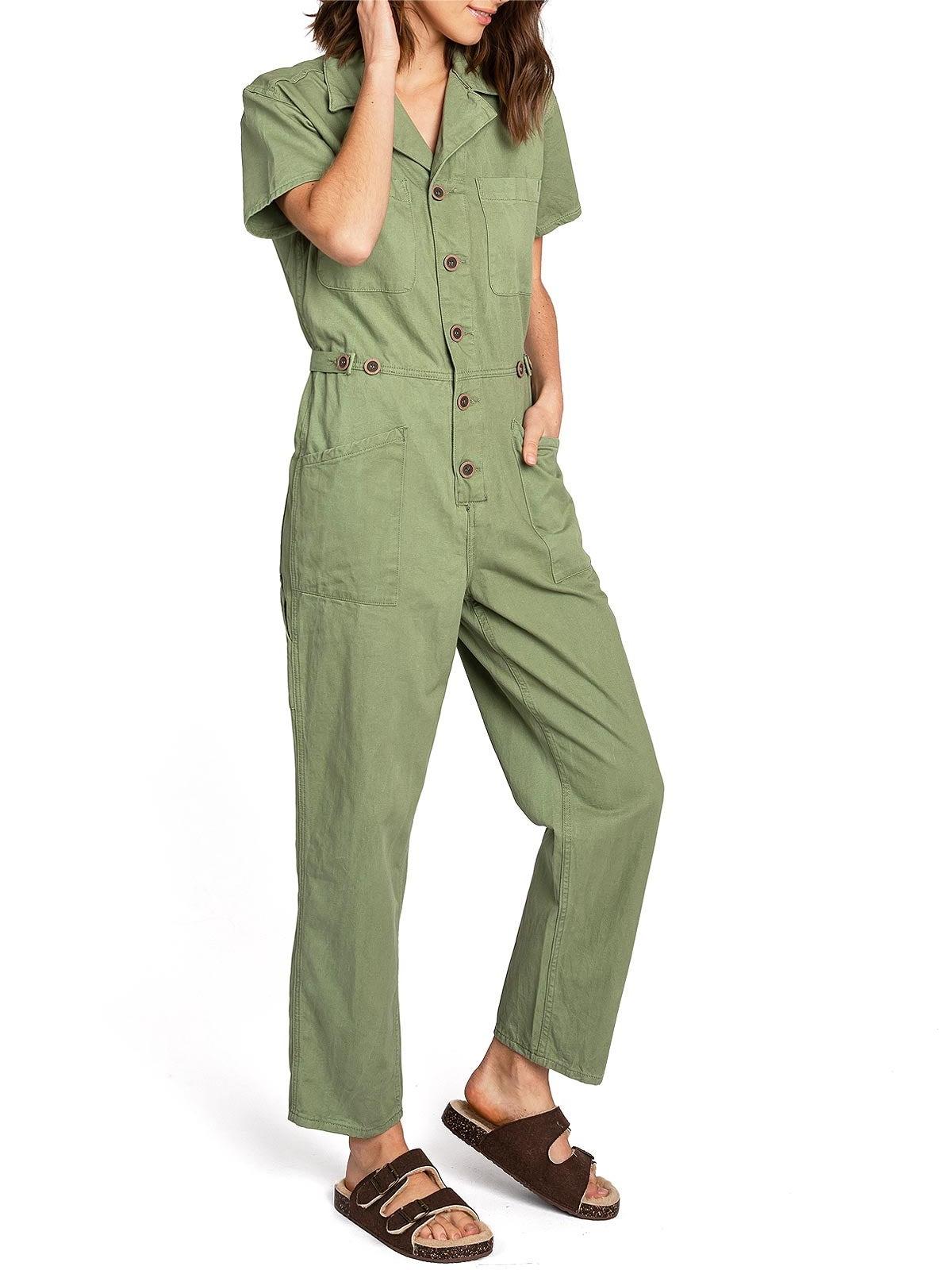 Olive Green Utility Short - Sleeve Jumpsuit