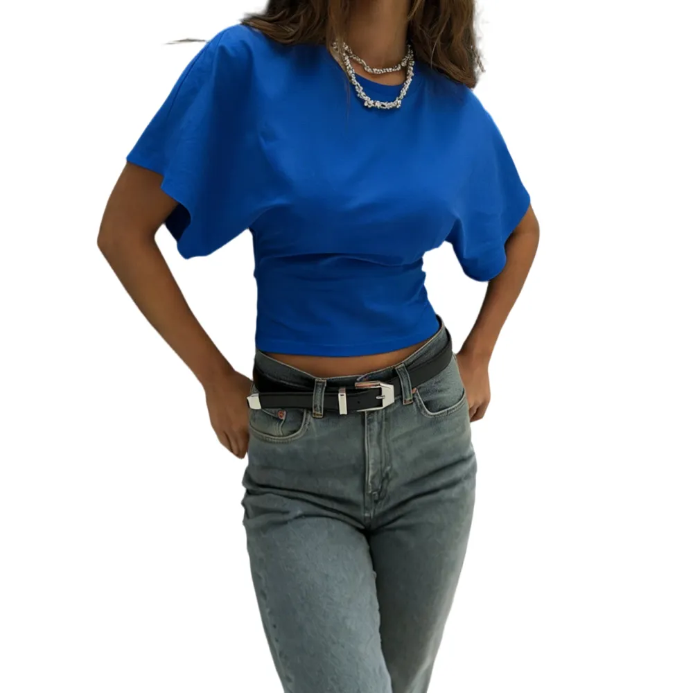 Women's Solid Color Crop Tee, Casual Half Sleeve Round Neck T-shirt