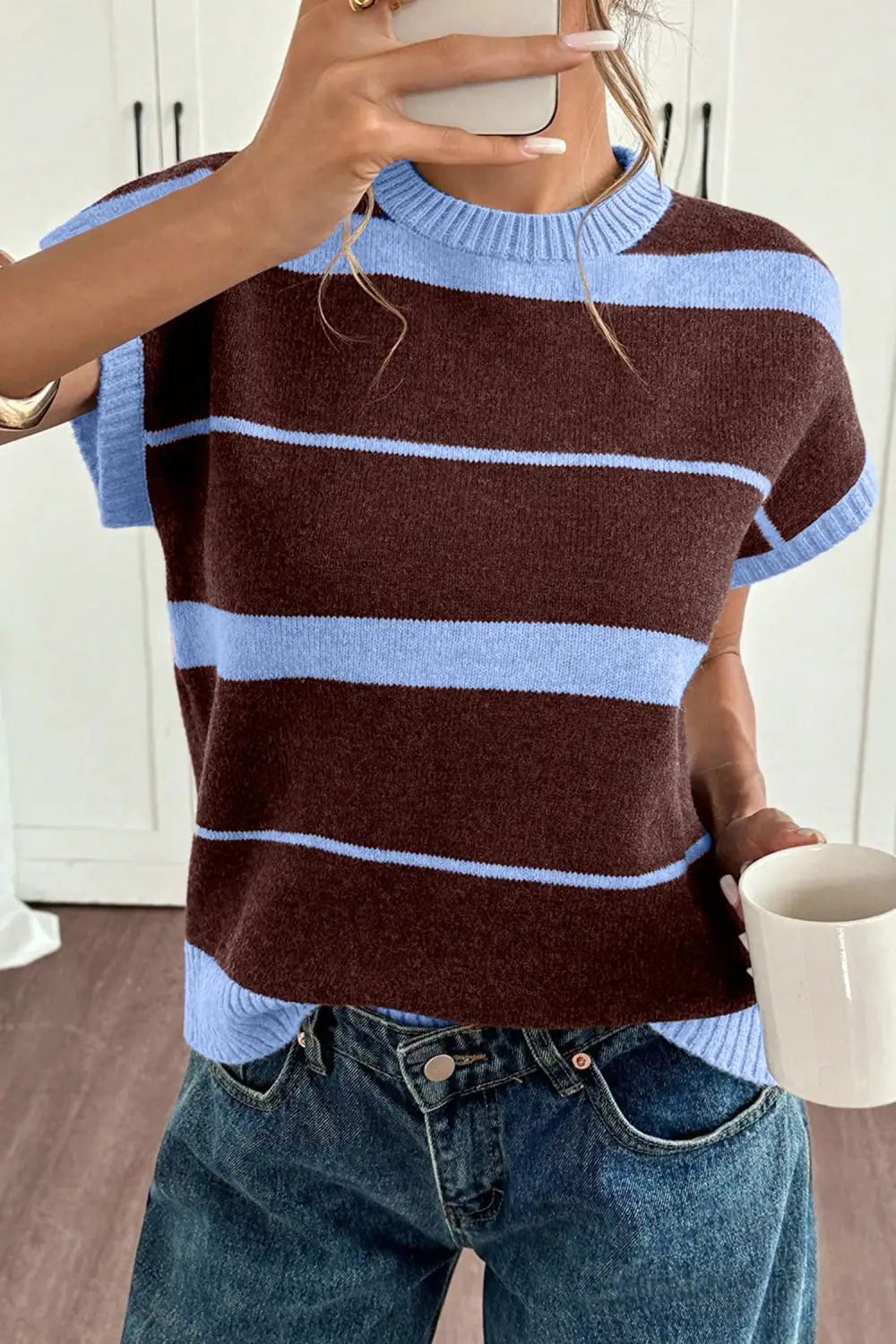 Striped Short-Sleeve Round Neck Everyday Knit Top
