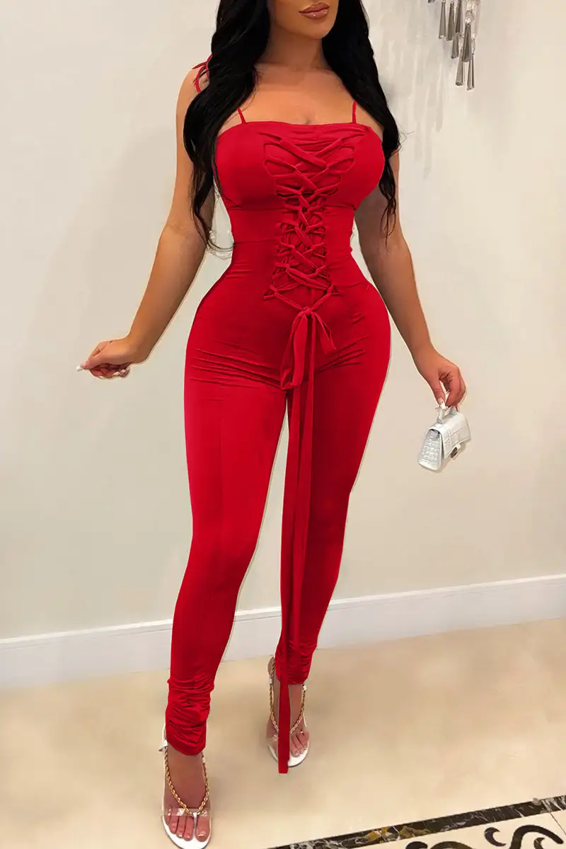 Fashion Sexy Solid Bandage Backless Spaghetti Strap Skinny Jumpsuits
