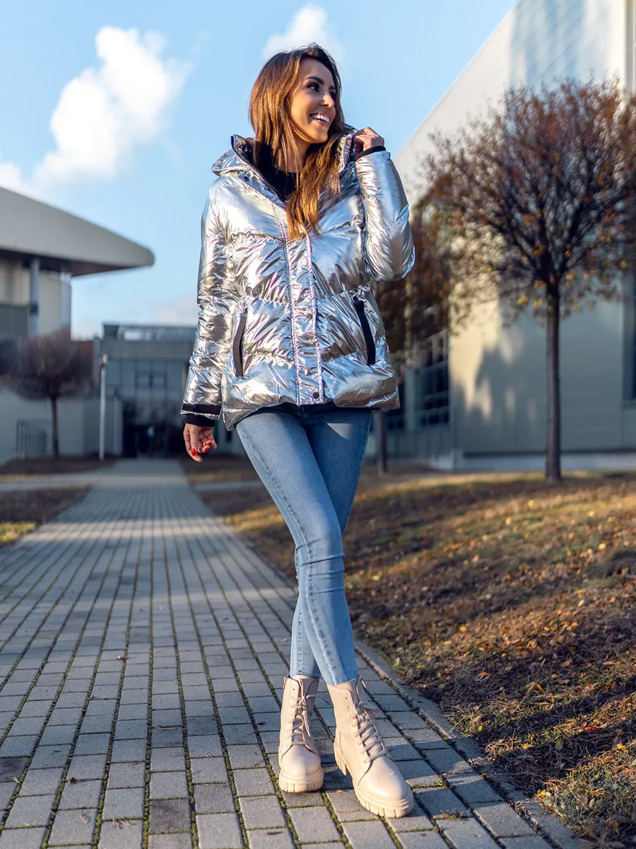 Women's Silver Quilted Winter Jacket With Hood