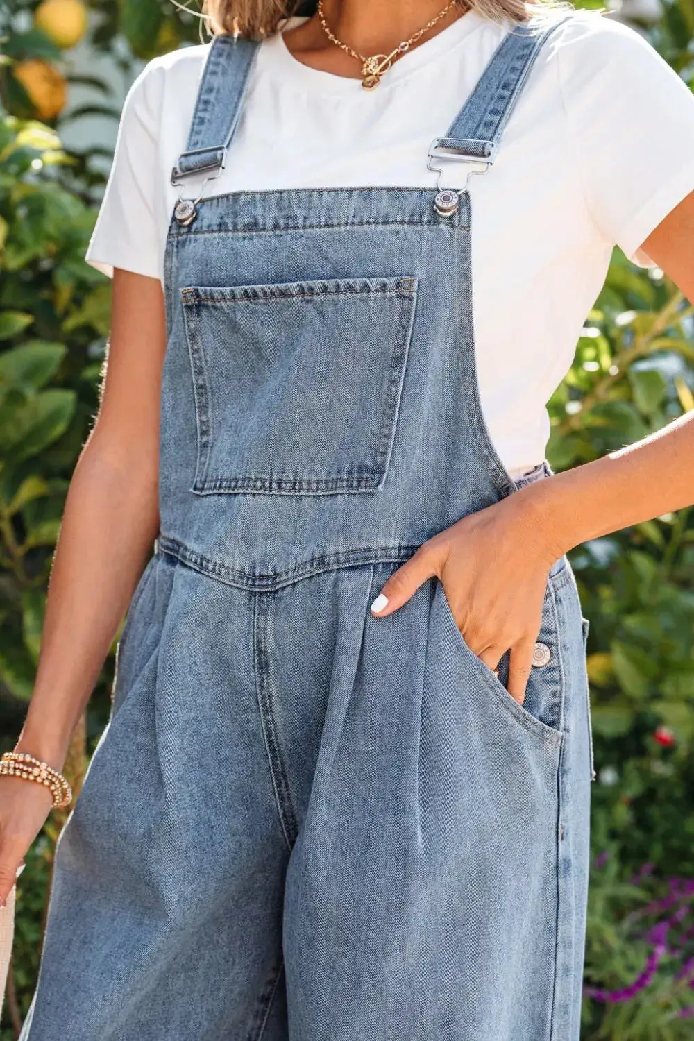 Pleated Wide Leg Retro Pocketed Jumpsuit Denim Pants