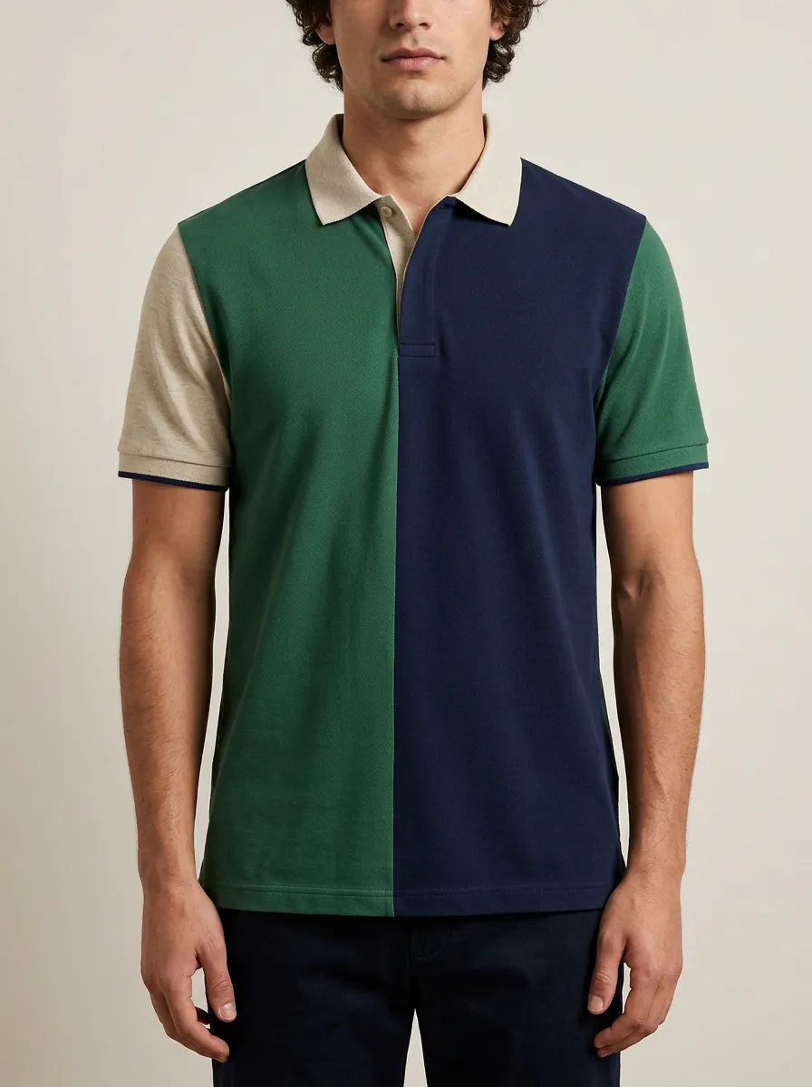 Men's Colorblock Green Navy Beige Contrast Pattern Polo Shirt