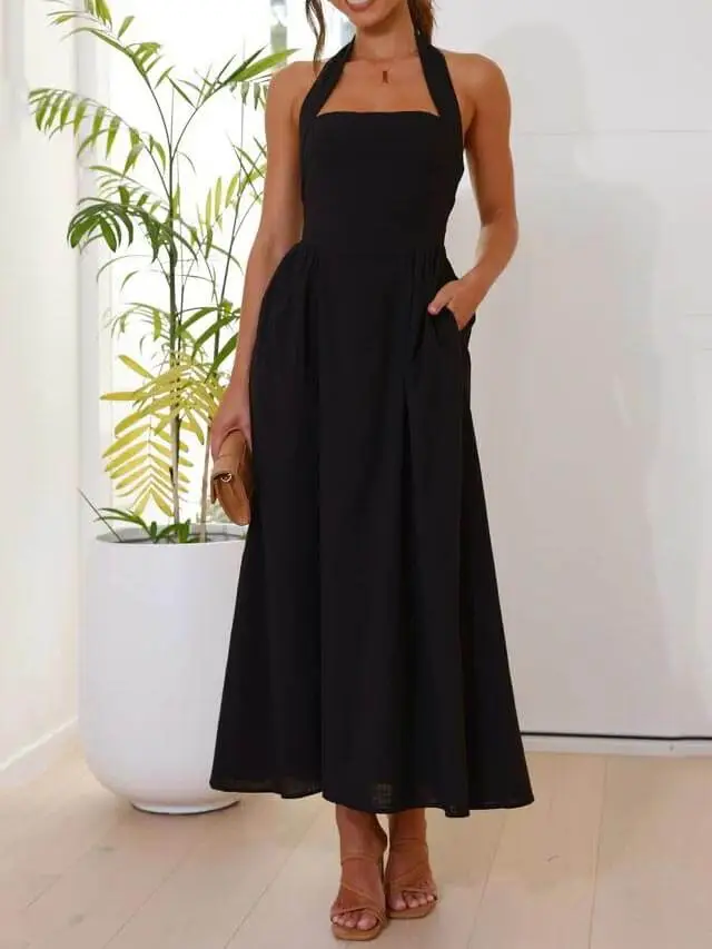 Halter Neck Waist Little Mid Length Midi Dress