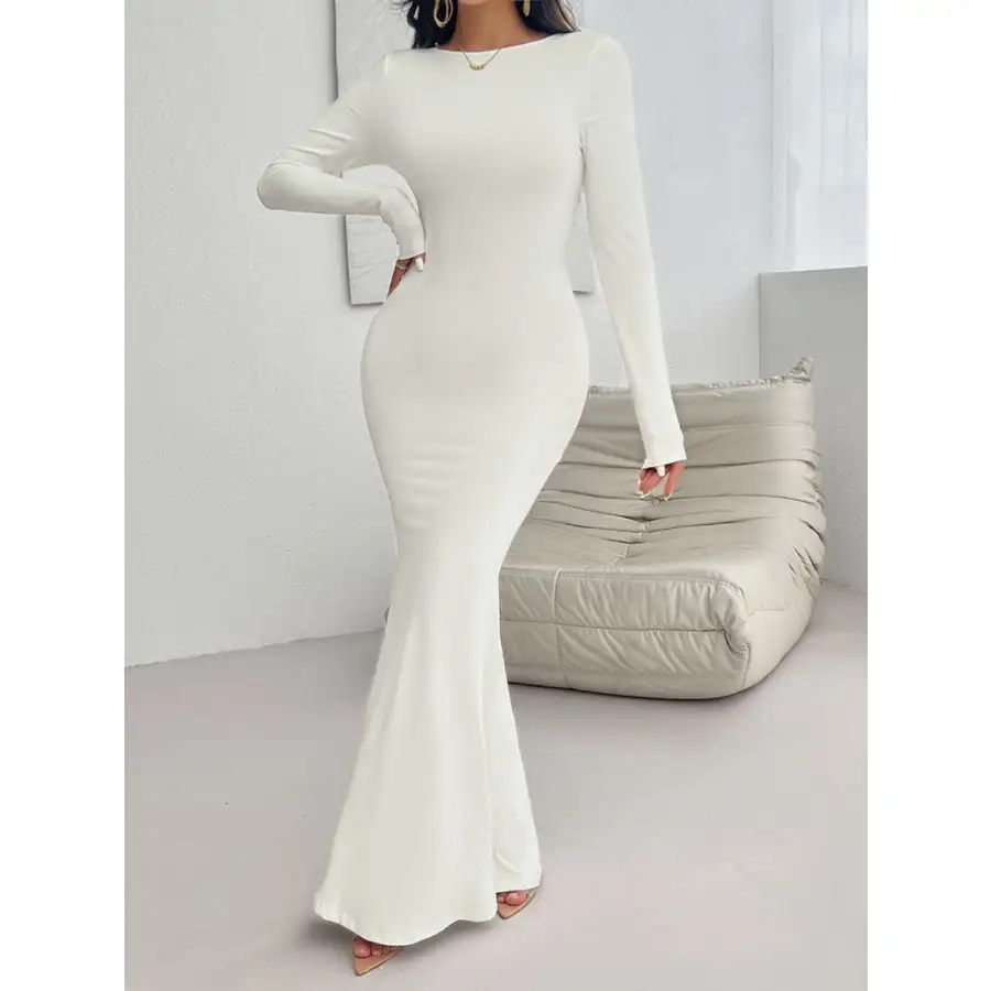 Devine Backless Round Neck Long Sleeve Maxi Dress