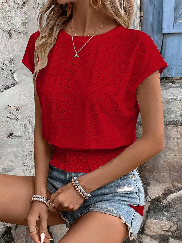 Relaxed Raglan Sleeve Elasticity Cutout Jacquard Round Neck T-Shirt