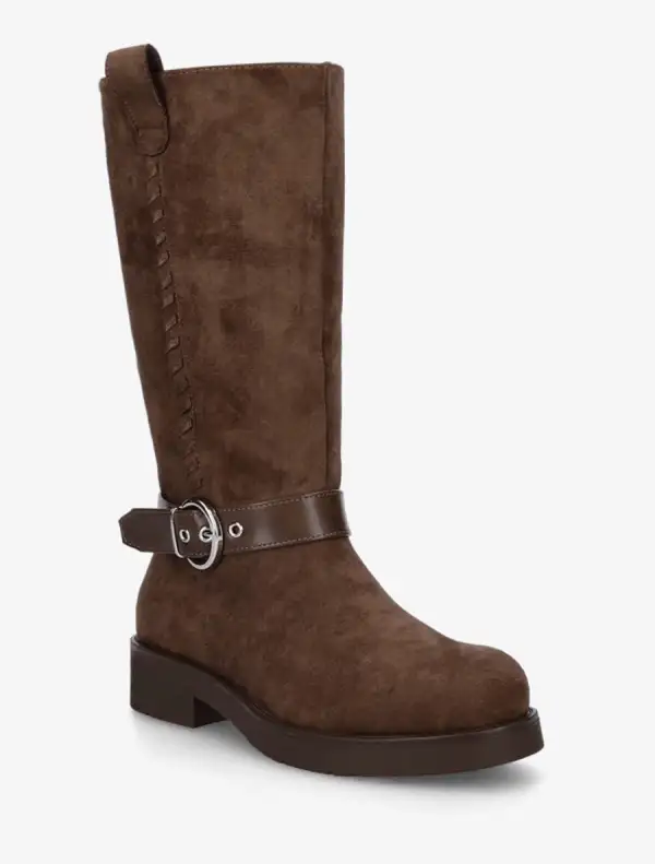 Modern Strap Detail Block Heel Faux Suede Knee High Boots
