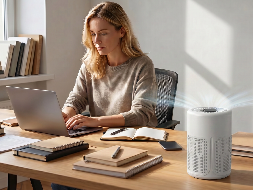 Compact purifier positioned on a home office desk