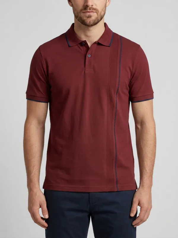 Men's Beige Vertical Striped Contrast Trim Printed Polo Shirt