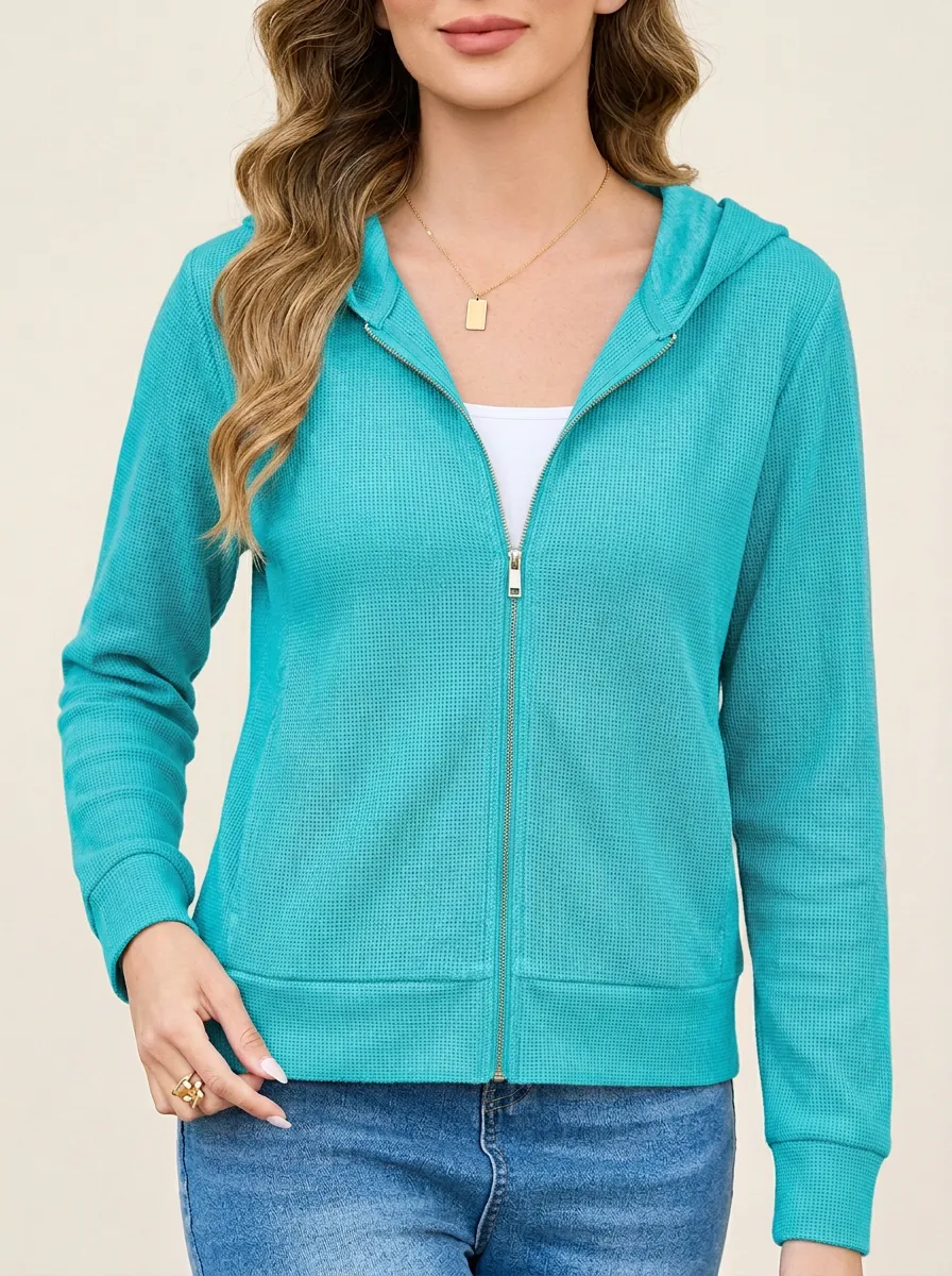 Waffle-Knit Knit-Texture Zip-Up Women's Zip-Up Hooded Jacket