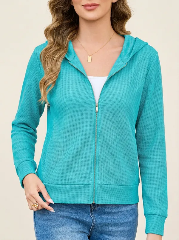 Waffle-Knit Knit-Texture Zip-Up Women's Zip-Up Hooded Jacket