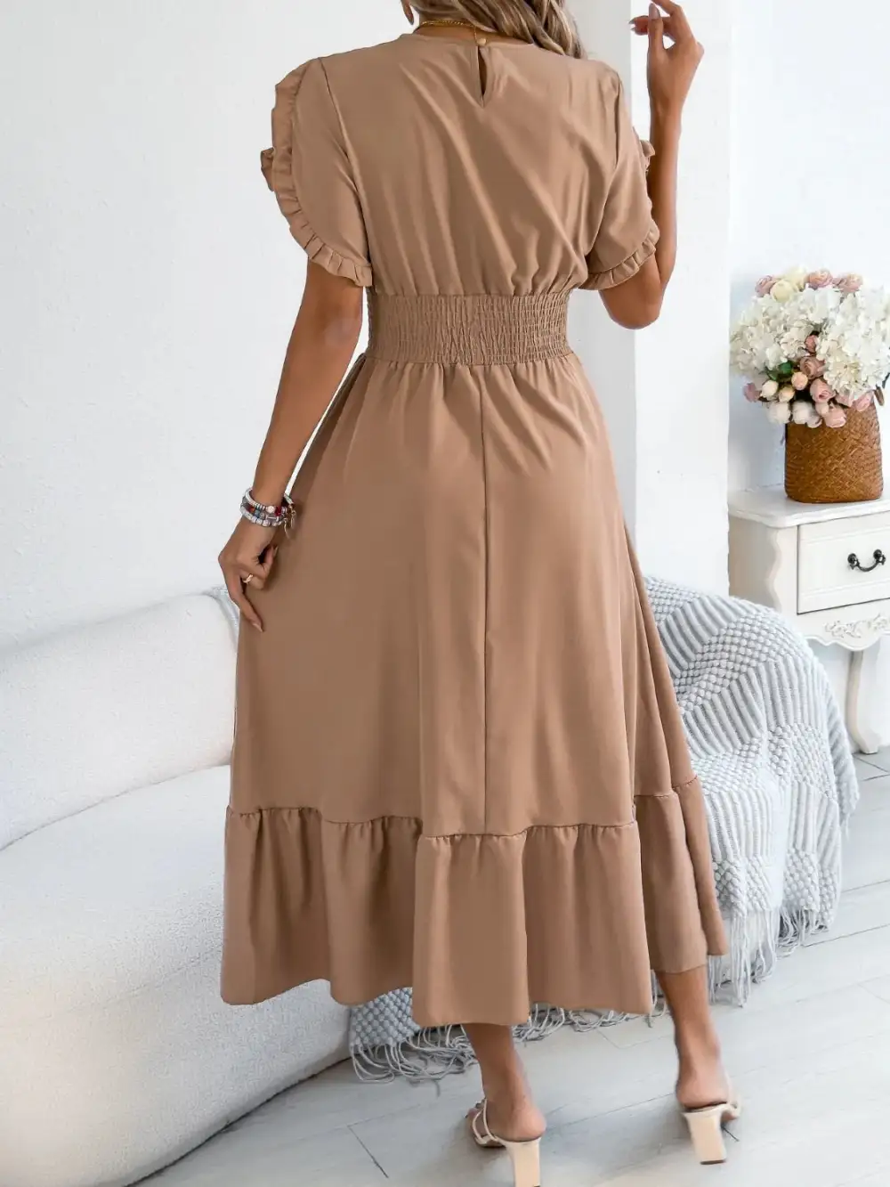 Crew Neck Ruffled Smocked Midi Dress