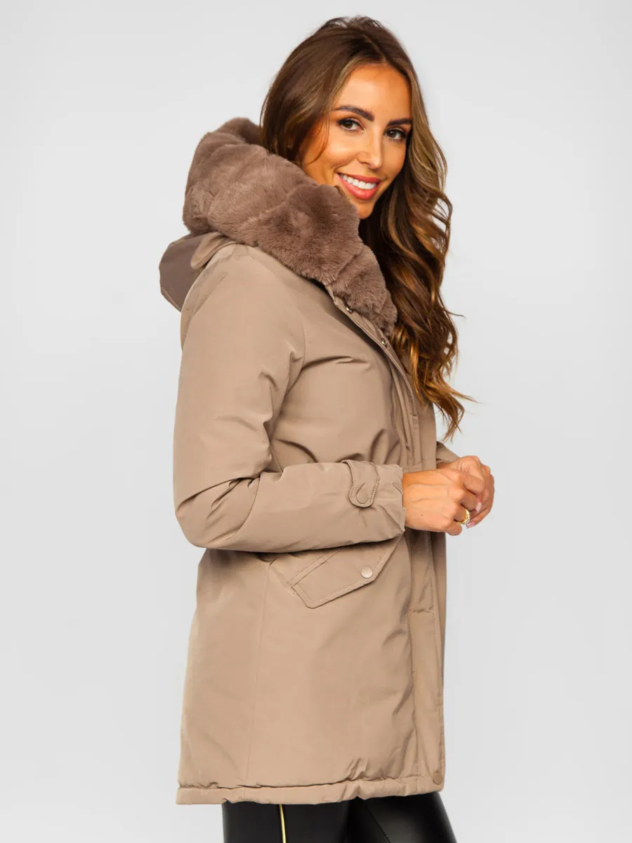 Beige women's winter parka jacket with hood