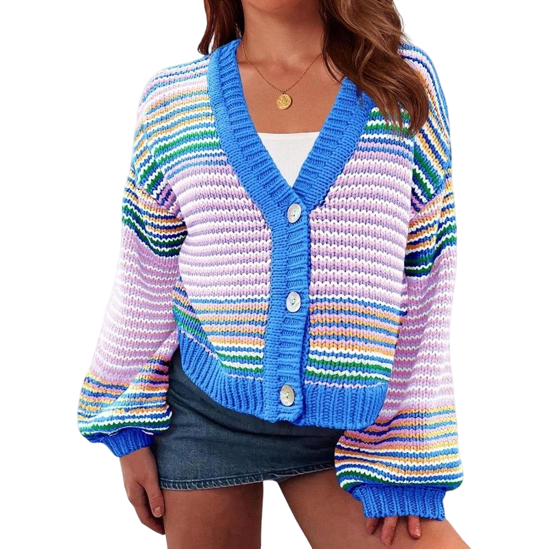 Womens Striped Cardigan Sweaters Oversized Puff Sleeve Button Up V Neck Color Block Knit Sweater Coat