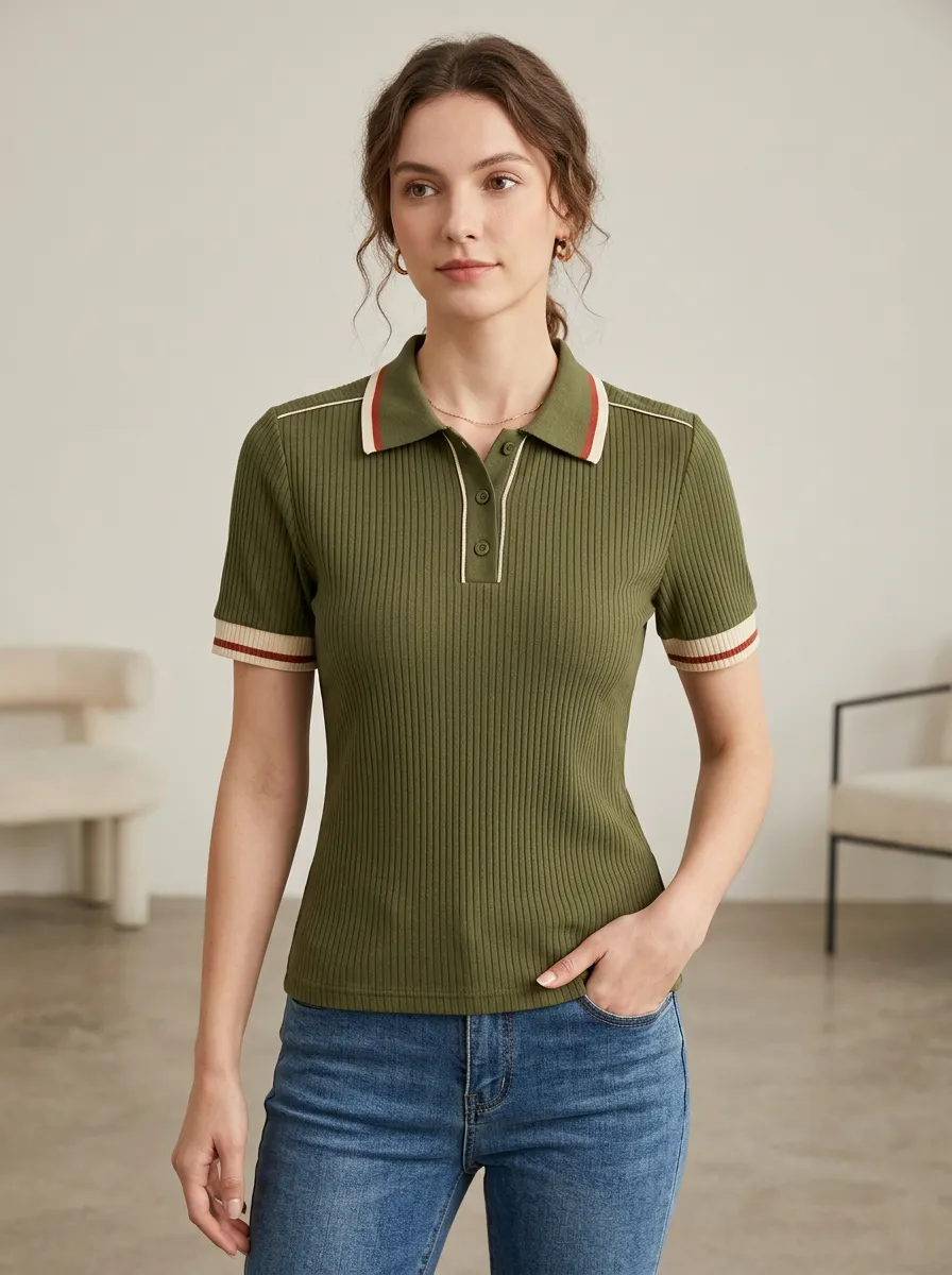 Women's Casual Olive Green Ribbed Contrast Trim Polo Shirt