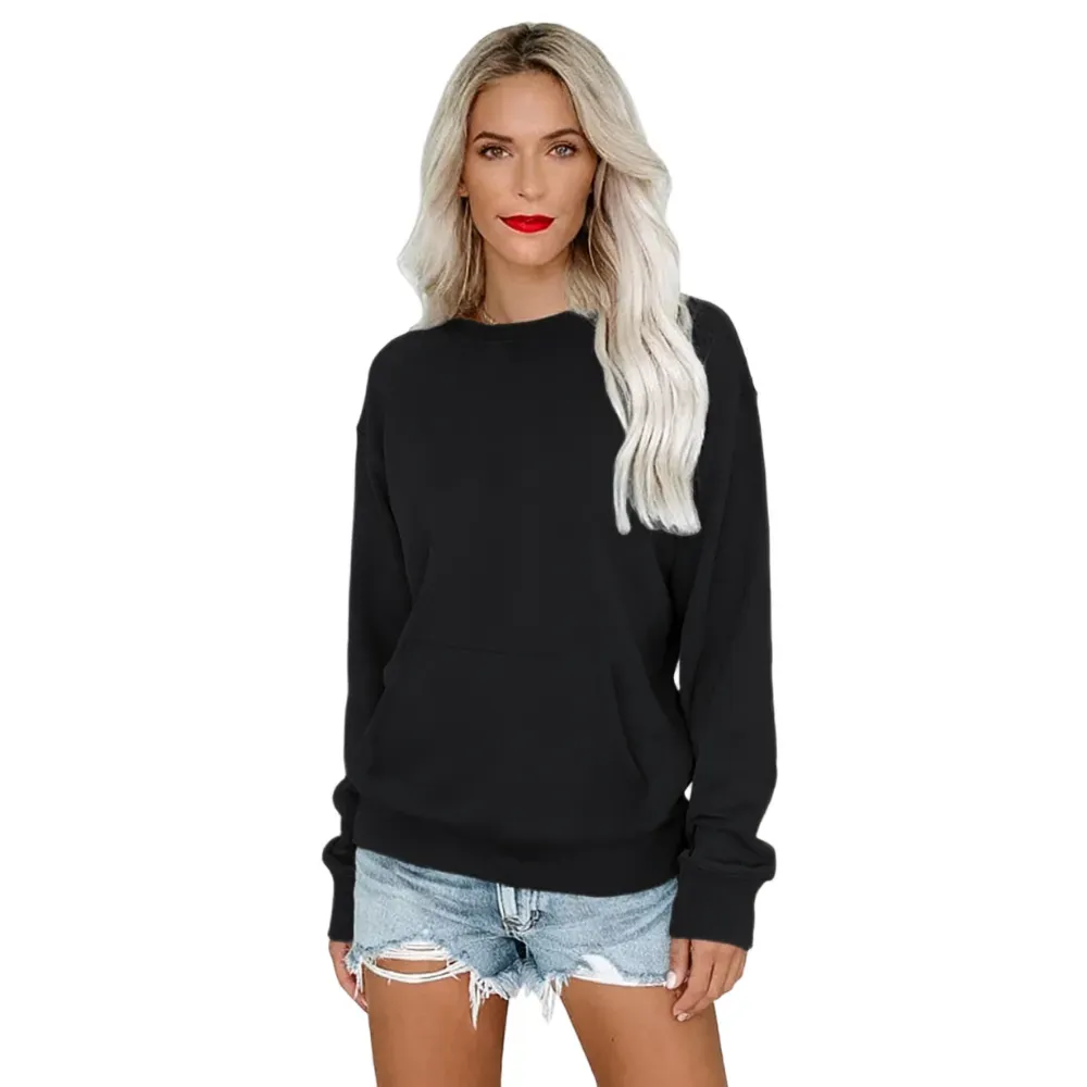 Women's Crewneck Hoodless Sweatshirt With Kangaroo Pocket Fleece Longsleeve Oversized Casual Style Shirt Lightweight Pullover