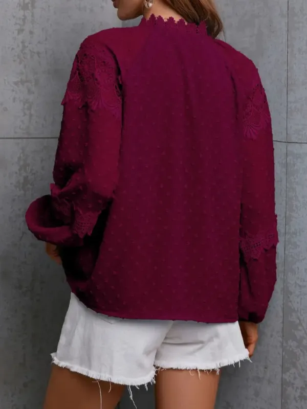 Crochet Tassel Tie Neck Long Sleeve Blouse