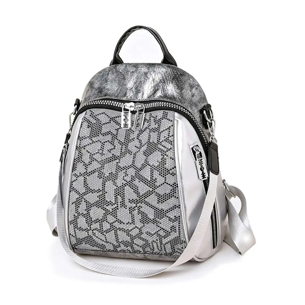 Studded Crystal Accent Top Handle Faux Leather Casual Backpack