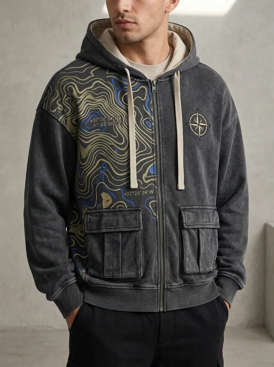 Men's Outdoor Adventure Topographic Map Compass Chest Embroidery Zip-Up Hoodie