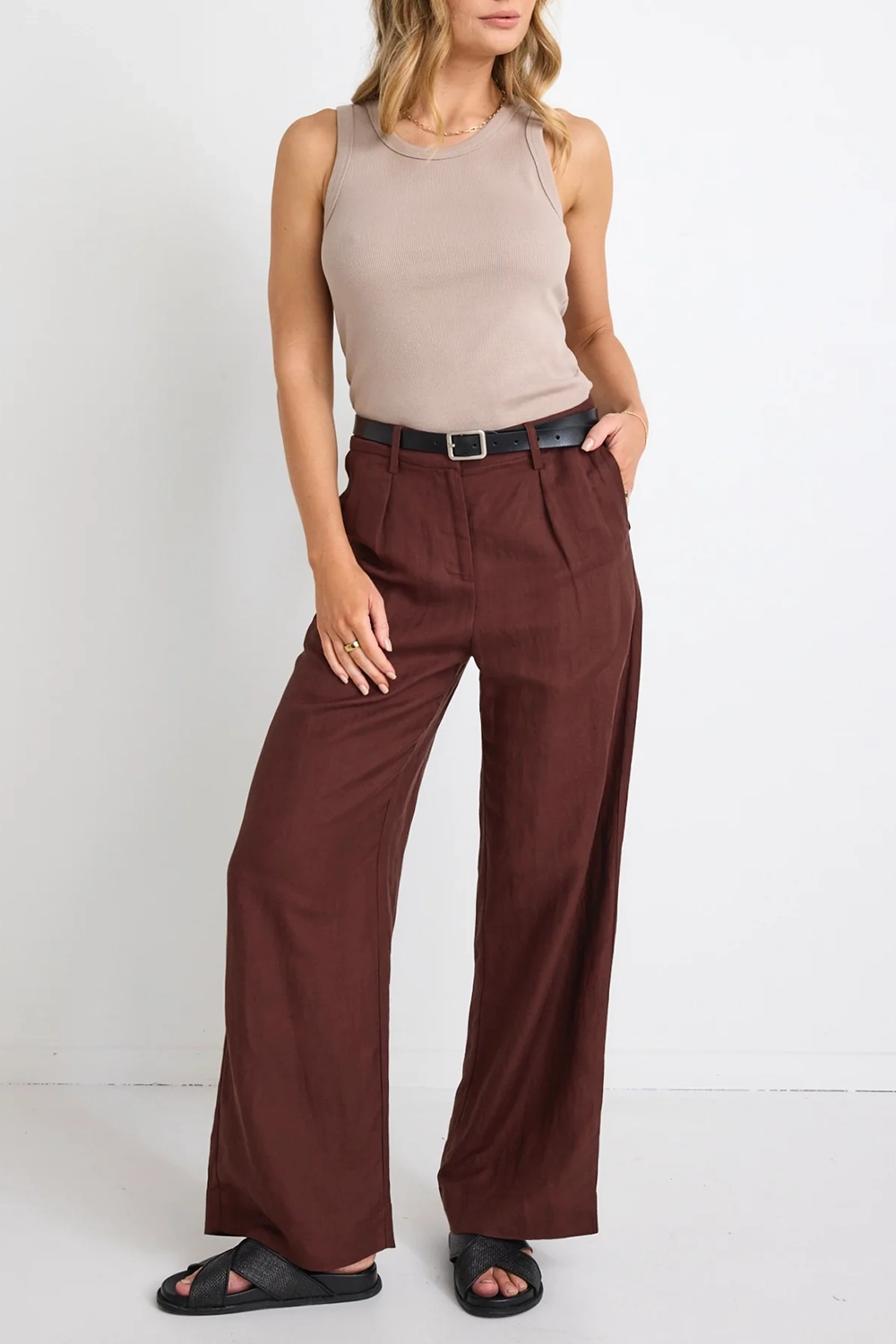 Brown Button - Front Wide - Leg Trousers