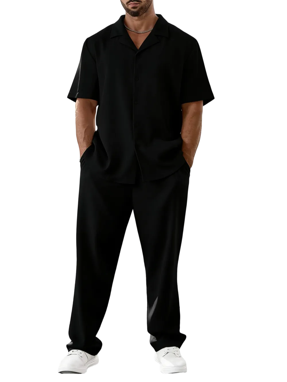 Men's Two-piece Suit Shirt and Elastic Waist Pants Set