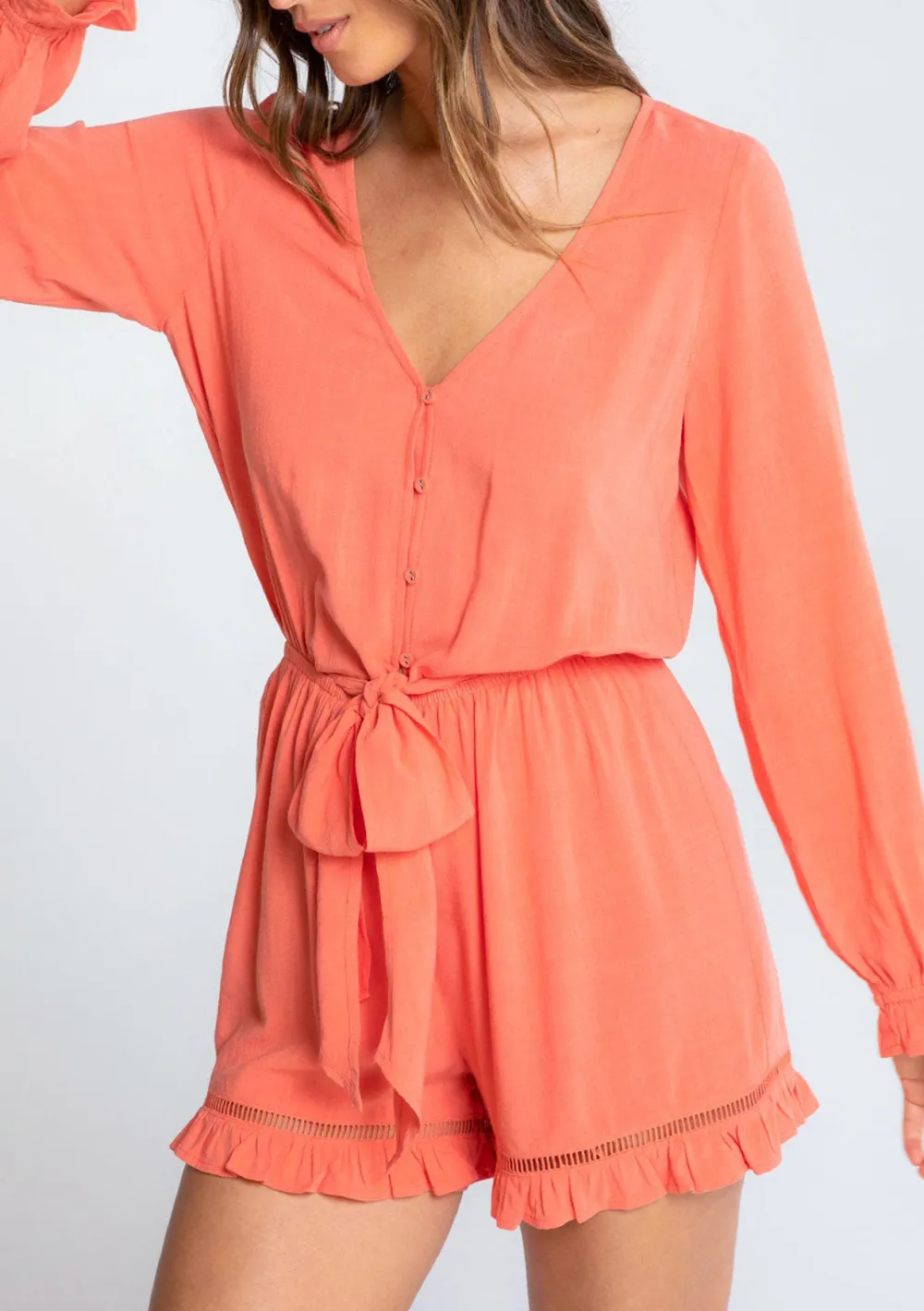 Tied V-Neck Ruffle Sleeve Romper