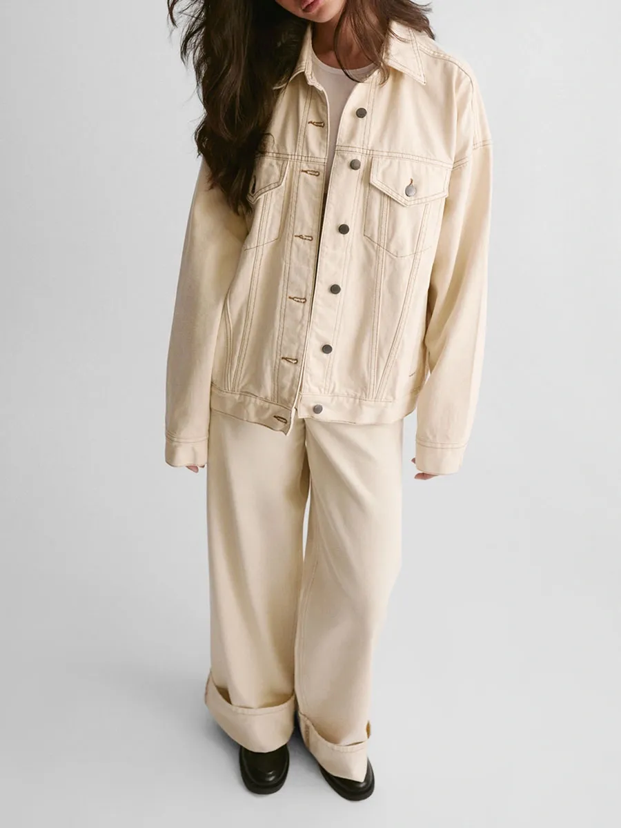 Women's Cream Wide-Leg Cuffed Jeans