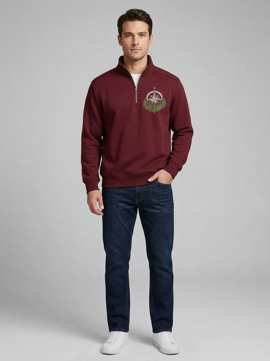 Men's Outdoor Compass Forest Graphic Quarter-Zip-Neck Sweatshirt