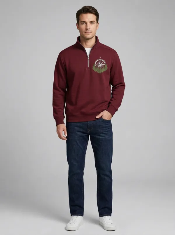 Men's Outdoor Compass Forest Graphic Quarter-Zip-Neck Sweatshirt