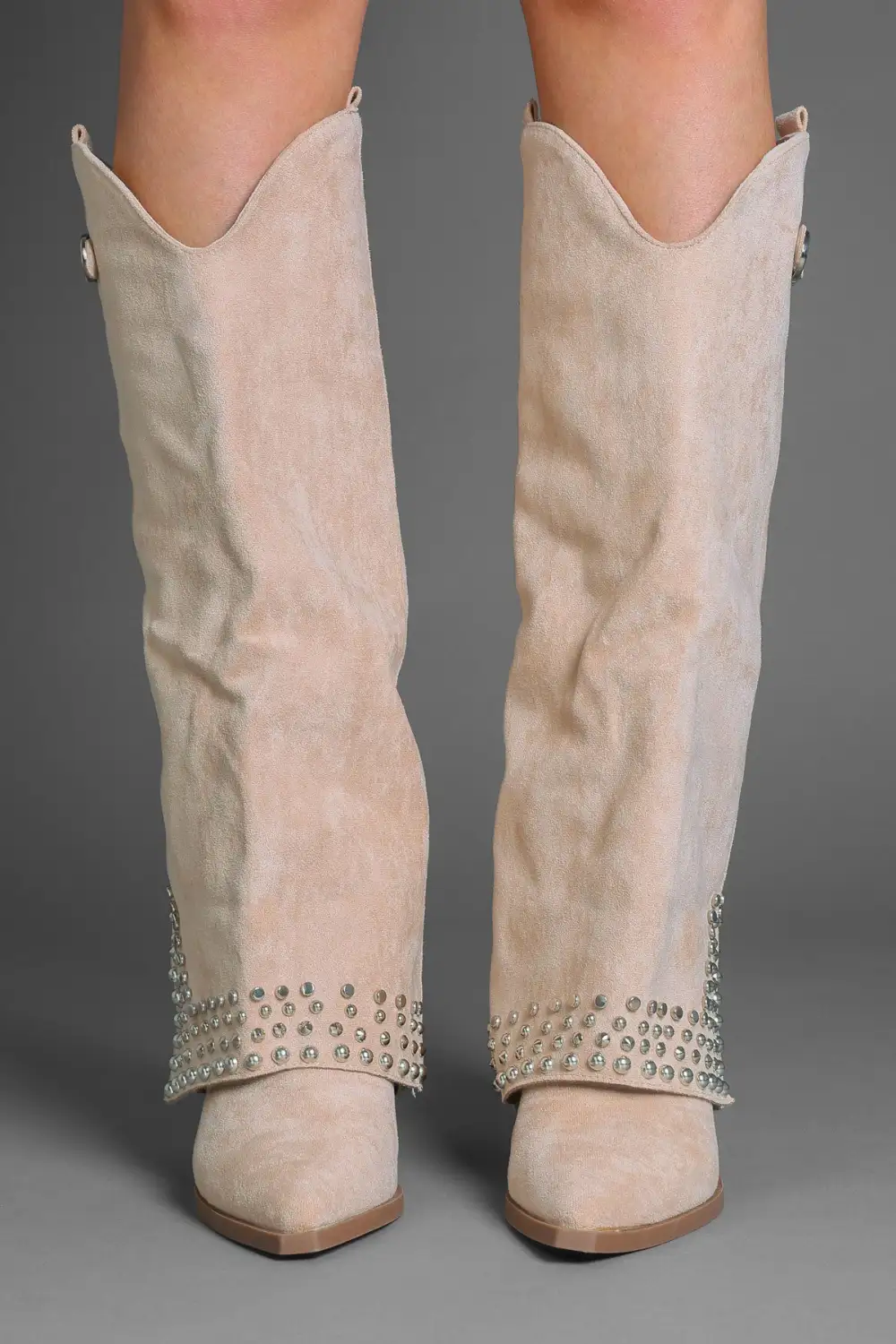 Classic Western Slouch Fold-Over Studded Knee High Boots