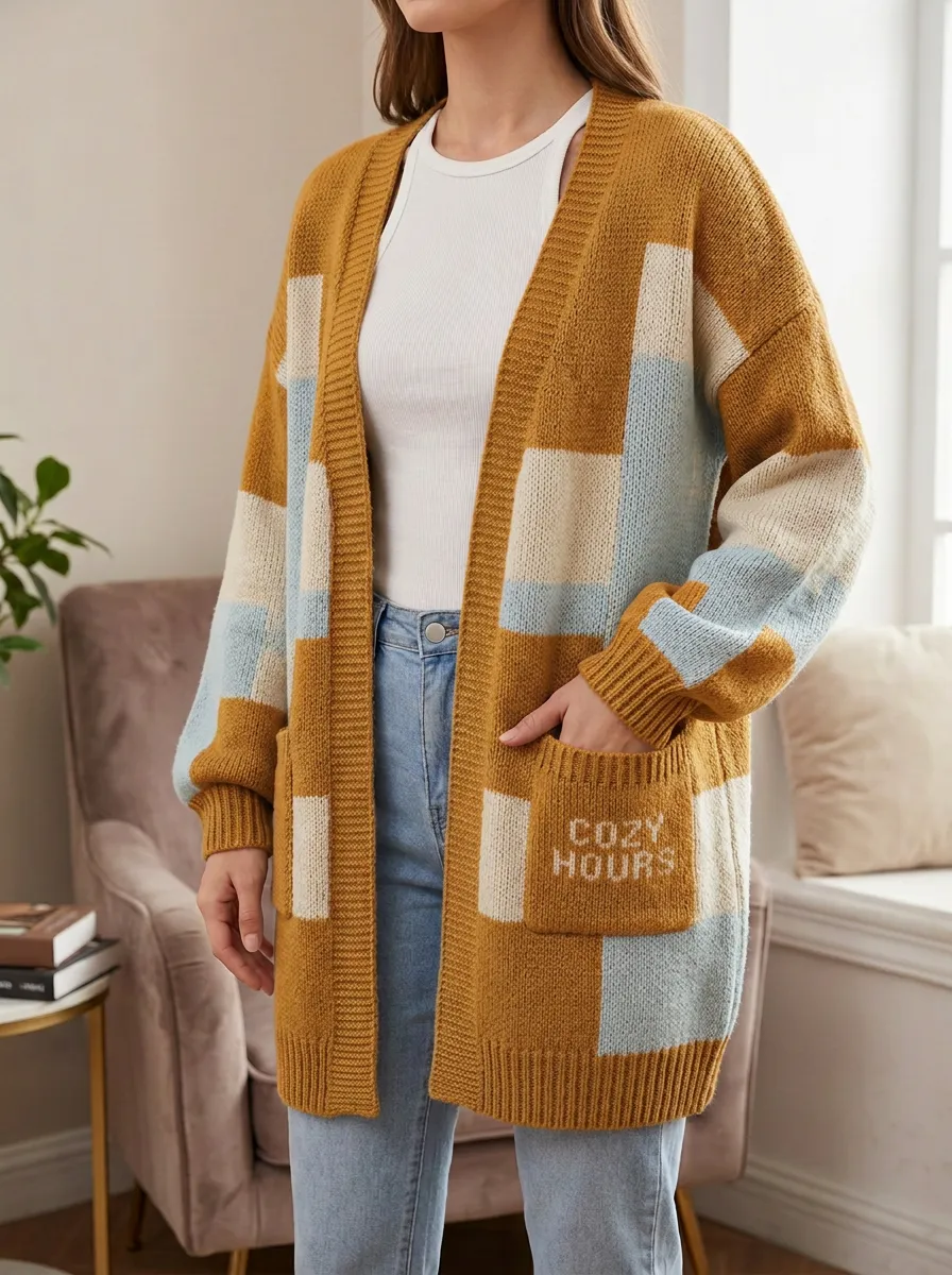 Women's Cozy Hours Letter Patchwork Colorblock Knit Long Cardigan