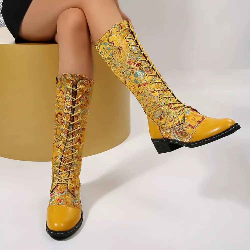 Embroidered Lace Up Block Heel Boots
