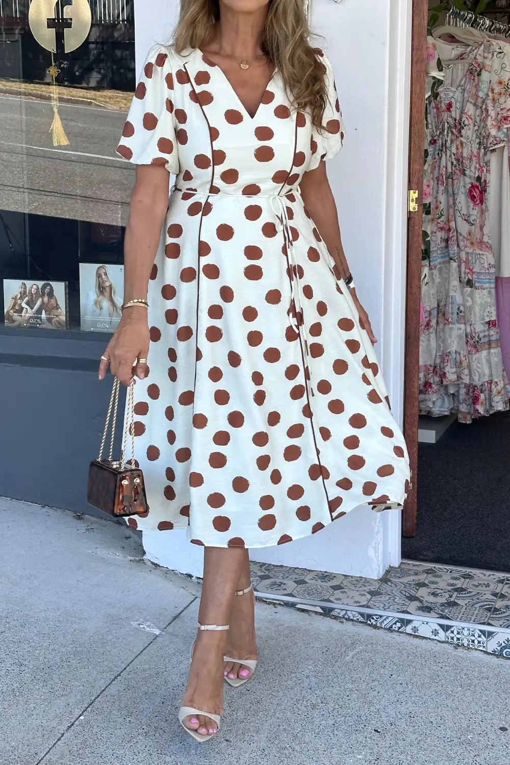 Polka Dot Printed V Neck Midi Dress