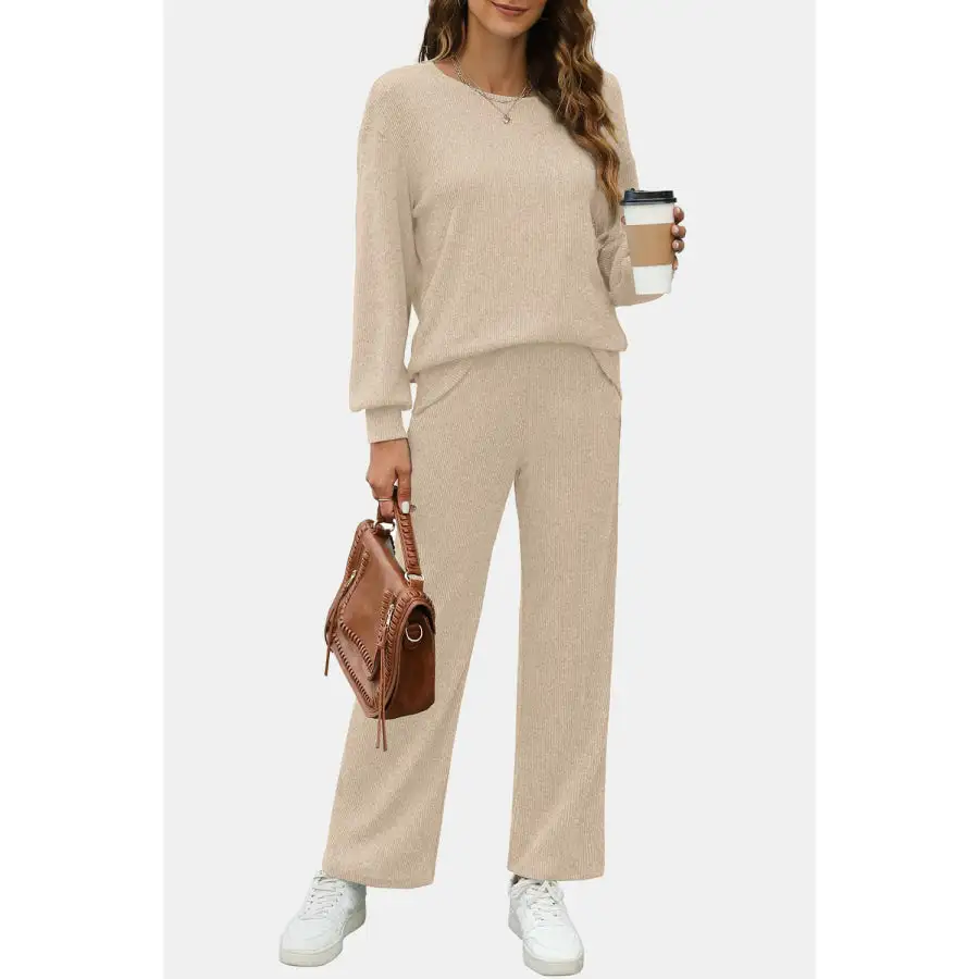 Relaxed Round Neck Long Sleeve Top and Pants Set