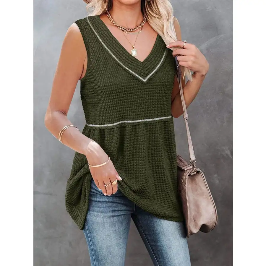 V Neck Waffle Knit Tank Top With