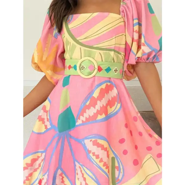 Colorful Print Belted Mini Dress with Puff Sleeves