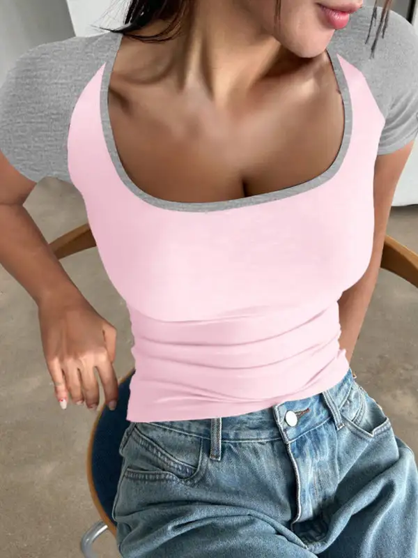 U-Neck Collared Short-Sleeve Contrast T-Shirt