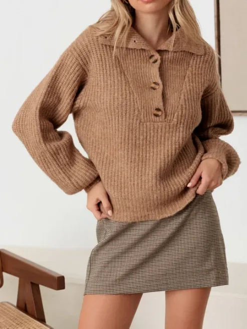 100% Wool Button-Up Neck Pullover Sweater